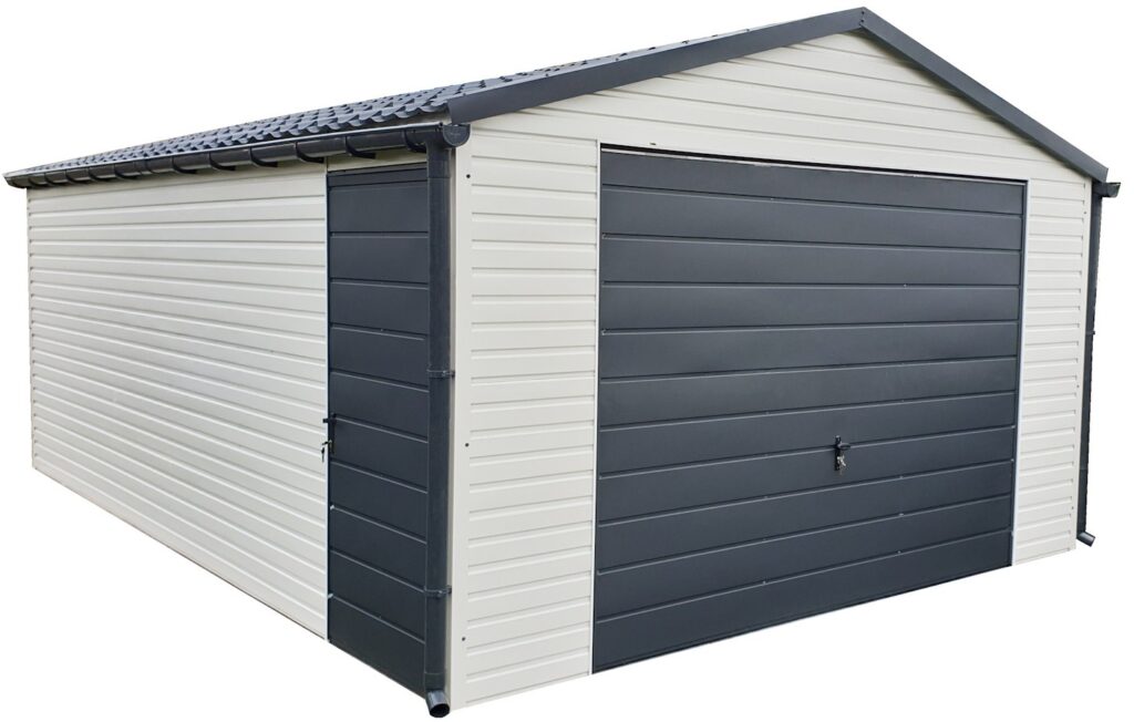 Garaż blaszany 4x6m z bramą uchylną i drzwiami - biały + antracyt - Garaż Blaszak - Garaże Blaszaki - Garaż Blaszany - Producent Garaży