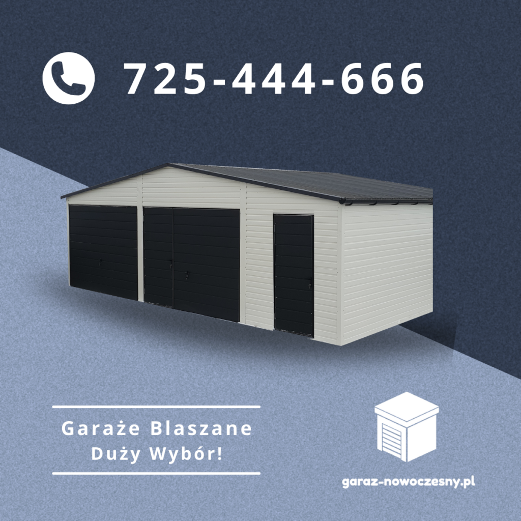 Zdjęcie garaz nowoczesny o kolorze białym, dwie bramy i drzwi granatowe. Na zdjęciu jest też numer telefonu: 725-444-666