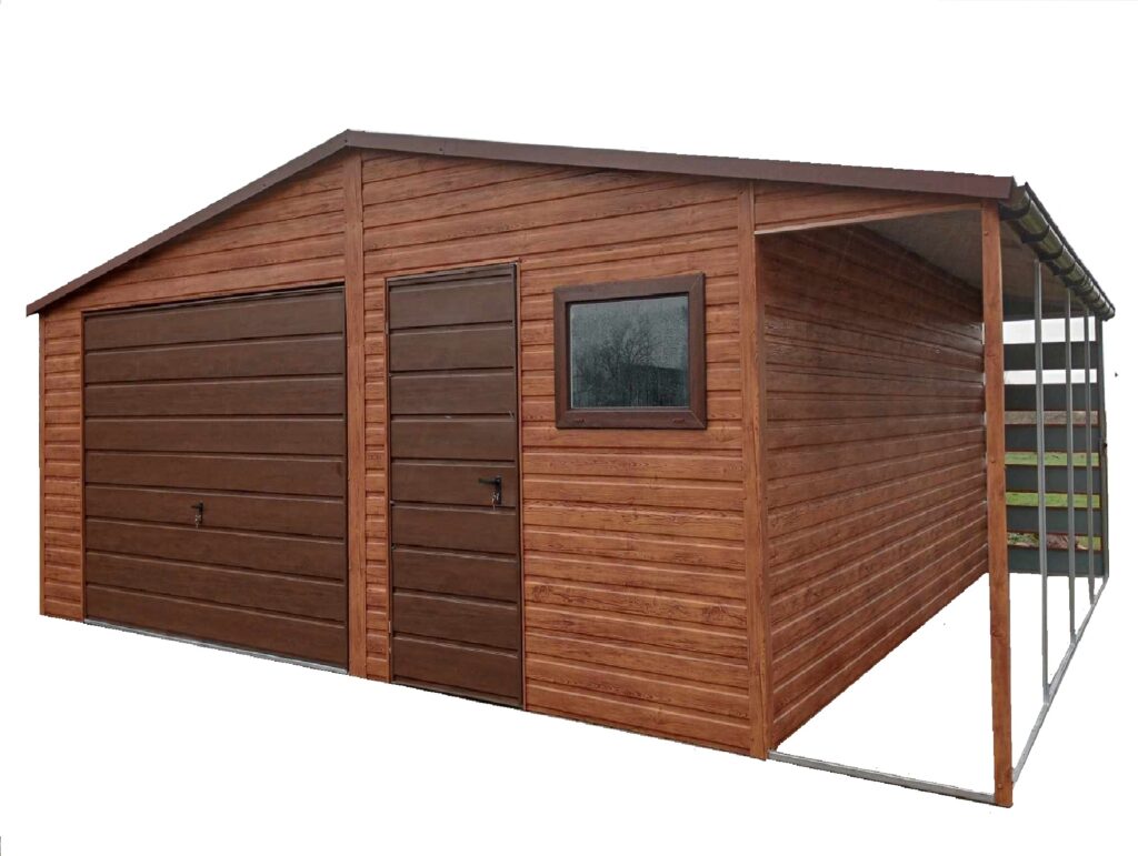 Produkt - garaż 6x6m brązowy z bramą, drzwiami oraz wiątą.