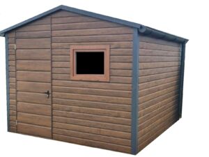 Produkt - domek narzędziowy brązowy 2x2,5m z dwuspadowym dachem.