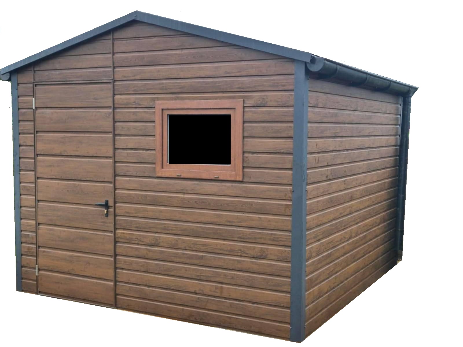 Produkt - domek narzędziowy brązowy 2x2,5m z dwuspadowym dachem.