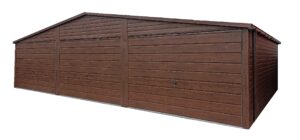 Garaż blaszany 9x6m drewnopodobny, ciemnobrązowy z trzema bramami uchylnymi.