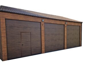 Produkt - garaż 9x6m z trzema bramami segmentowymi w odcieniach brązu.