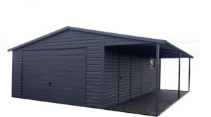 Garaż blaszany 4x6m z wiatą 2m i bramą uchylną - antracyt - Garaże Blaszane - Blaszak - Montaż Garażu - Garaże Nowoczesne