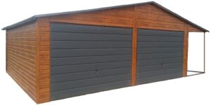 Produkt - garaż 6x6m w kolorze brązowym i dwiema bramami w kolorze antracyt i dwuspadowym dachem.