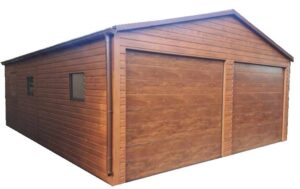 Garaż blaszany 6x5m z 2 bramami segmentowymi i drzwiami - złoty dąb ciemny/orzech - Blaszaki - Producent Garaży - Garaże Blaszane