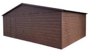 Garaż blaszany 8x6m z dwiema bramami uchylnymi - orzech