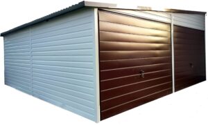 Garaż blaszany 6x5m z 2 bramami uchylnymi - biały + brązowy - Garaże Blaszane - Garaże - Blaszaki - Garaż Blaszak - Montaż Garaży